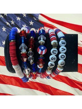 Red White & Blue Patriotic Stretch Bracelets Beaded & Clay Set Of 6 USA-Themed J